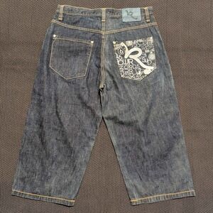 Y2K Rocawear Denim Shorts Mens 36 Blue Baggy Wide Leg Embroidered Jorts